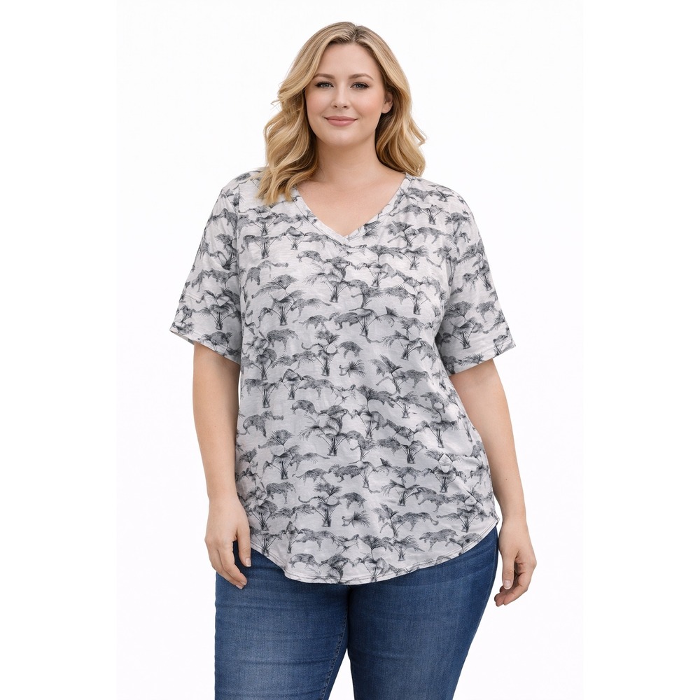 Jane + Delancey T Shirt Womens 1X White Black Leopard Palm Print V-Neck Safari